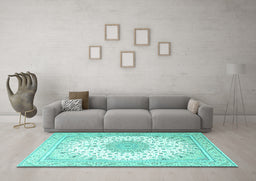 Machine Washable Medallion Turquoise Traditional Area Rugs in a Living Room,, wshtr3464turq