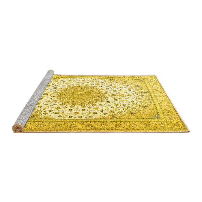 Sideview of Machine Washable Medallion Yellow Traditional Rug, wshtr3464yw