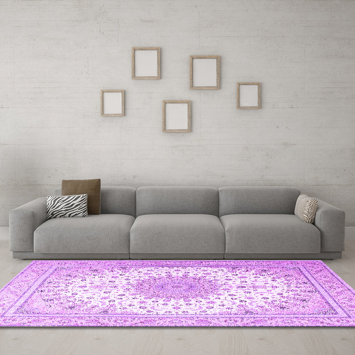 Machine Washable Medallion Purple Traditional Area Rugs in a Living Room, wshtr3464pur