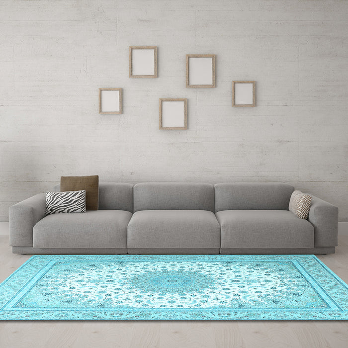 Machine Washable Medallion Light Blue Traditional Rug in a Living Room, wshtr3464lblu