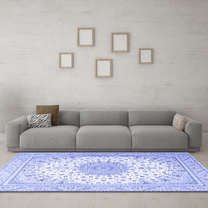 Machine Washable Medallion Blue Traditional Rug in a Living Room, wshtr3464blu