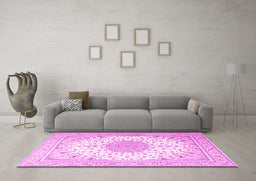 Machine Washable Medallion Pink Traditional Rug in a Living Room, wshtr3464pnk
