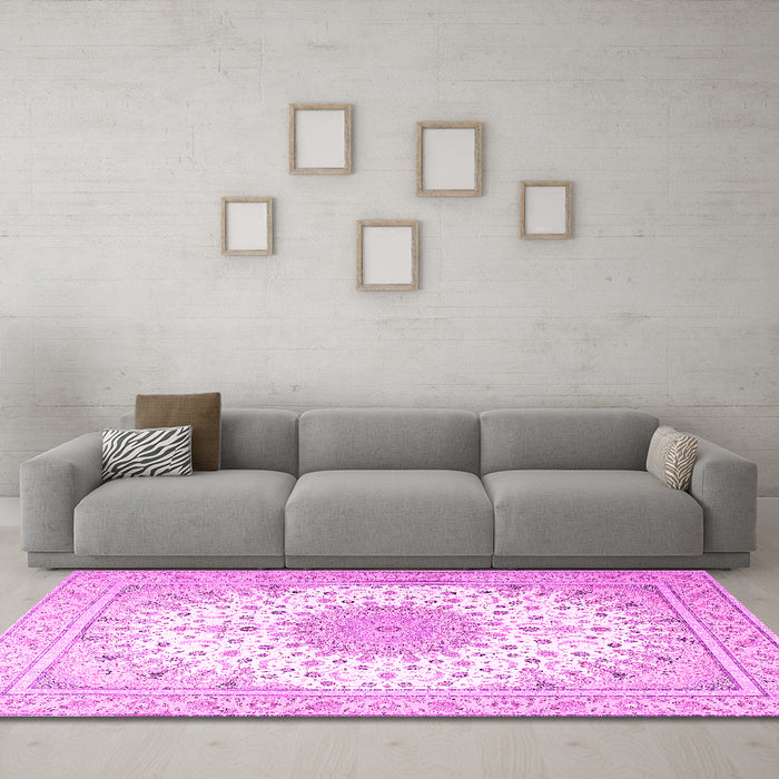 Machine Washable Medallion Pink Traditional Rug in a Living Room, wshtr3464pnk