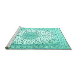 Sideview of Machine Washable Medallion Turquoise Traditional Area Rugs, wshtr3464turq