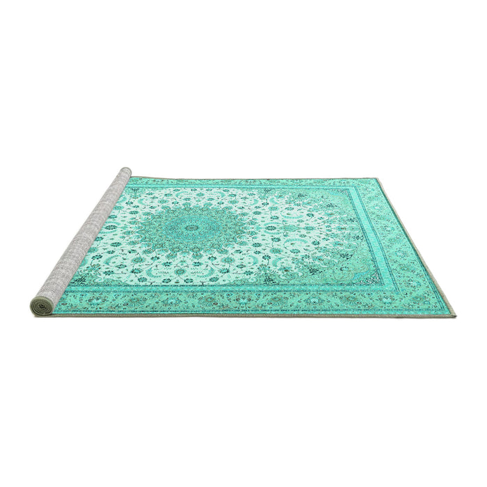 Sideview of Machine Washable Medallion Turquoise Traditional Area Rugs, wshtr3464turq