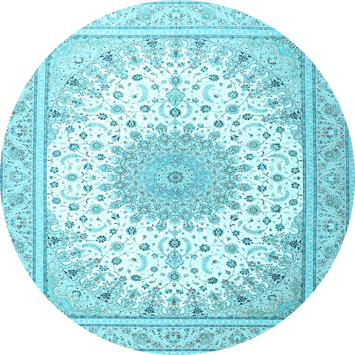 Round Machine Washable Medallion Light Blue Traditional Rug, wshtr3464lblu