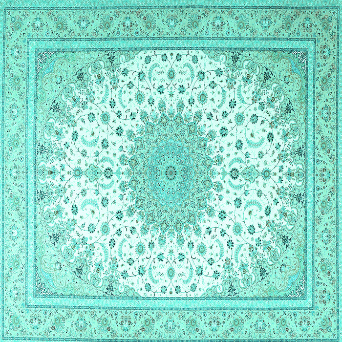 Square Machine Washable Medallion Turquoise Traditional Area Rugs, wshtr3464turq