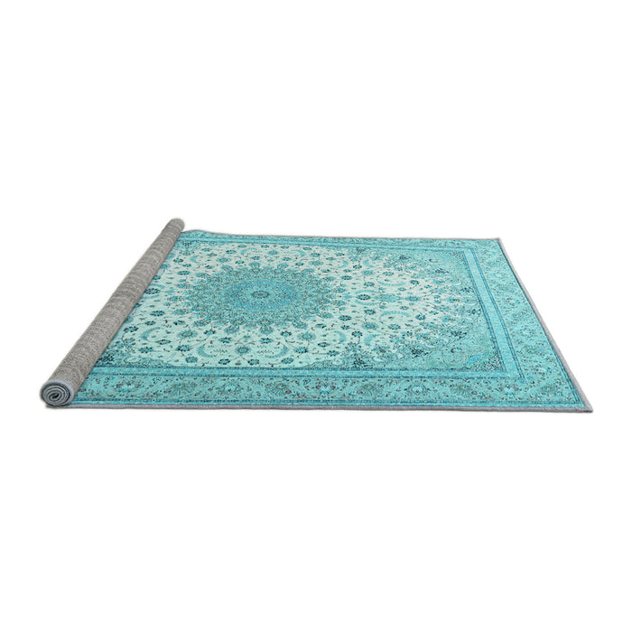Sideview of Machine Washable Medallion Light Blue Traditional Rug, wshtr3464lblu