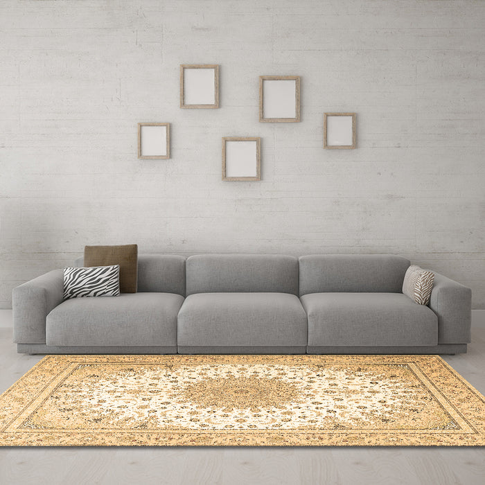 Machine Washable Medallion Brown Traditional Rug in a Living Room,, wshtr3464brn