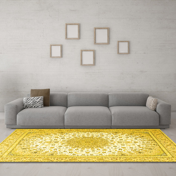 Machine Washable Medallion Yellow Traditional Rug in a Living Room, wshtr3464yw