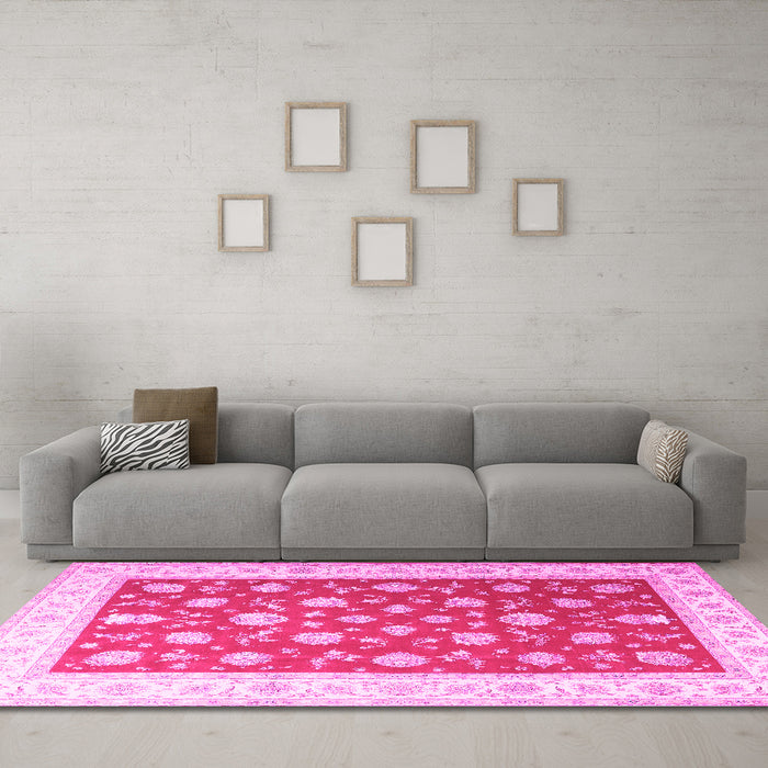 Machine Washable Oriental Pink Traditional Rug in a Living Room, wshtr3465pnk