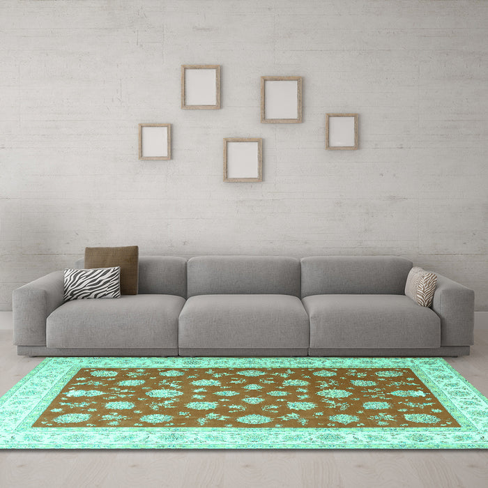 Machine Washable Oriental Turquoise Traditional Area Rugs in a Living Room,, wshtr3465turq