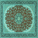 Square Machine Washable Medallion Turquoise Traditional Area Rugs, wshtr3466turq