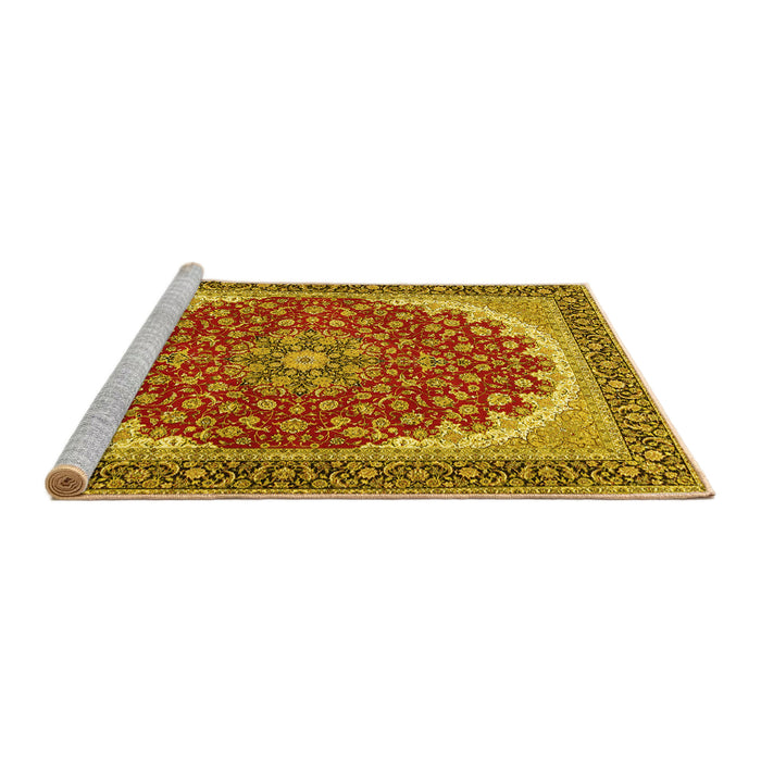 Sideview of Machine Washable Medallion Yellow Traditional Rug, wshtr3466yw