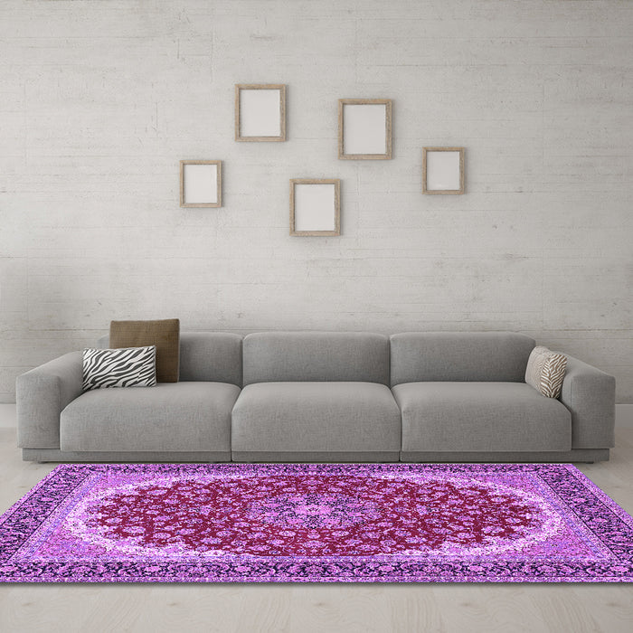 Machine Washable Medallion Purple Traditional Area Rugs in a Living Room, wshtr3466pur