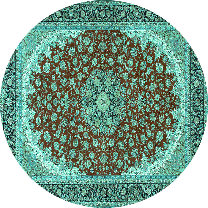 Round Machine Washable Medallion Turquoise Traditional Area Rugs, wshtr3466turq
