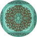 Round Machine Washable Medallion Turquoise Traditional Area Rugs, wshtr3466turq