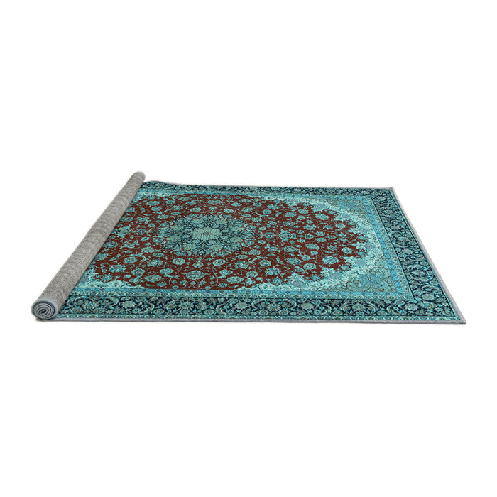Sideview of Machine Washable Medallion Light Blue Traditional Rug, wshtr3466lblu