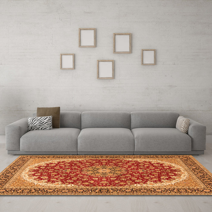 Machine Washable Medallion Orange Traditional Area Rugs in a Living Room, wshtr3466org