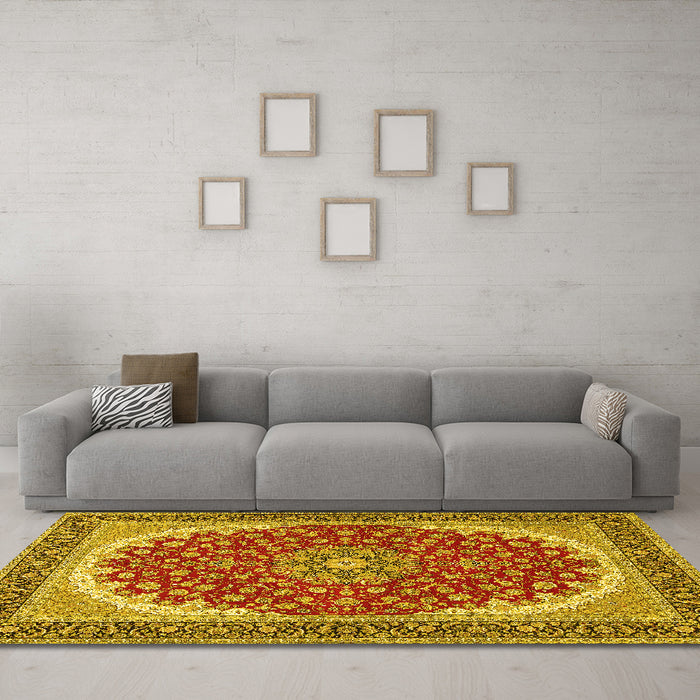 Machine Washable Medallion Yellow Traditional Rug in a Living Room, wshtr3466yw