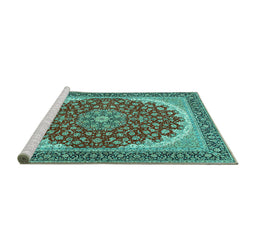 Sideview of Machine Washable Medallion Turquoise Traditional Area Rugs, wshtr3466turq