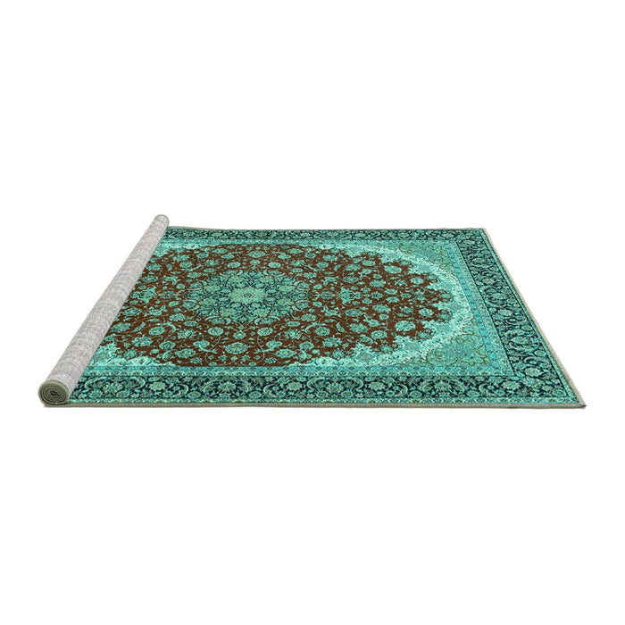 Sideview of Machine Washable Medallion Turquoise Traditional Area Rugs, wshtr3466turq