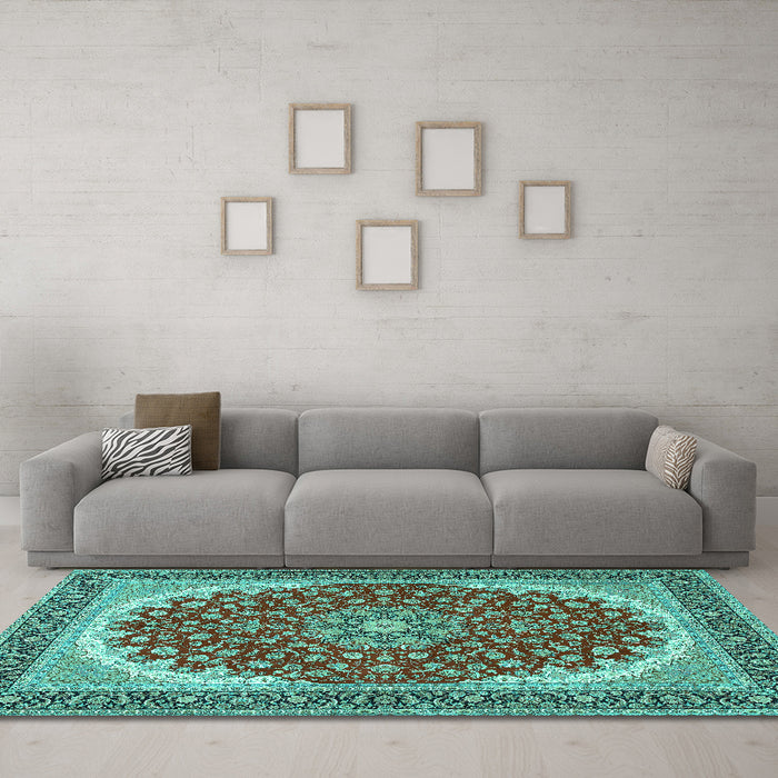 Machine Washable Medallion Turquoise Traditional Area Rugs in a Living Room,, wshtr3466turq