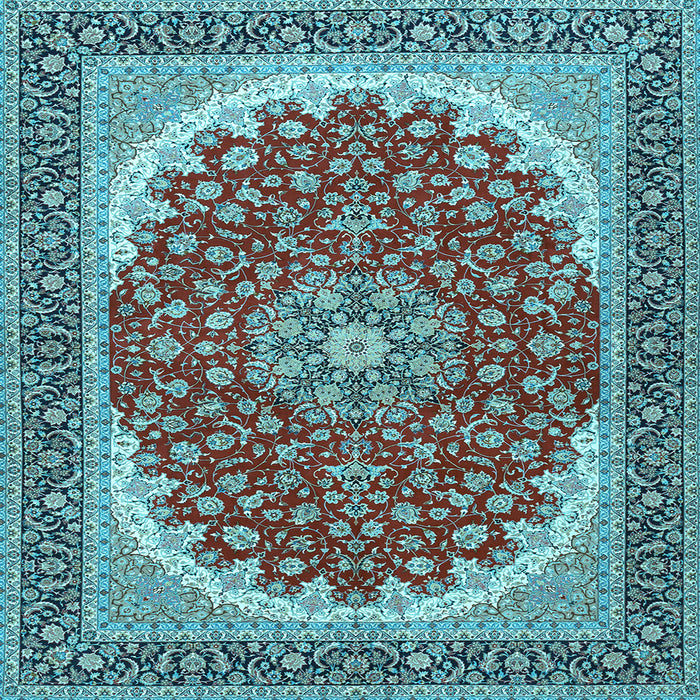 Square Machine Washable Medallion Light Blue Traditional Rug, wshtr3466lblu