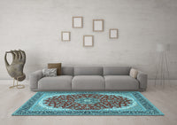 Machine Washable Medallion Light Blue Traditional Rug, wshtr3466lblu