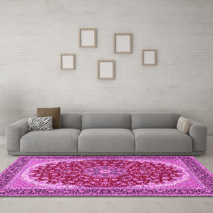 Machine Washable Medallion Pink Traditional Rug in a Living Room, wshtr3466pnk