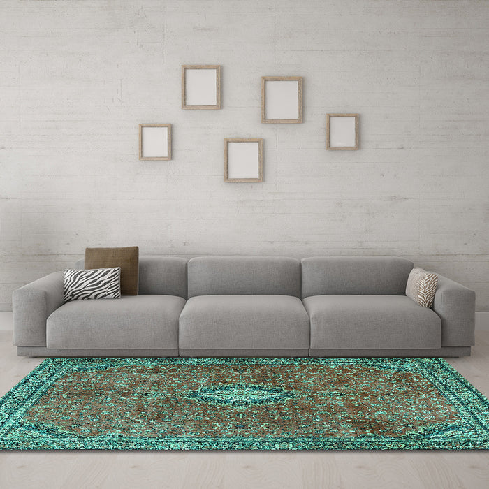 Machine Washable Persian Turquoise Traditional Area Rugs in a Living Room,, wshtr3467turq