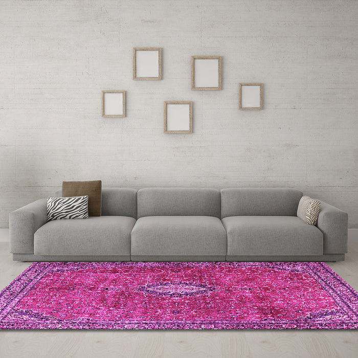 Machine Washable Persian Pink Traditional Rug in a Living Room, wshtr3467pnk