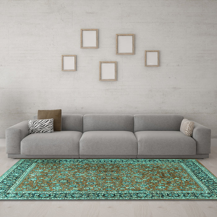 Machine Washable Persian Turquoise Traditional Area Rugs in a Living Room,, wshtr3468turq