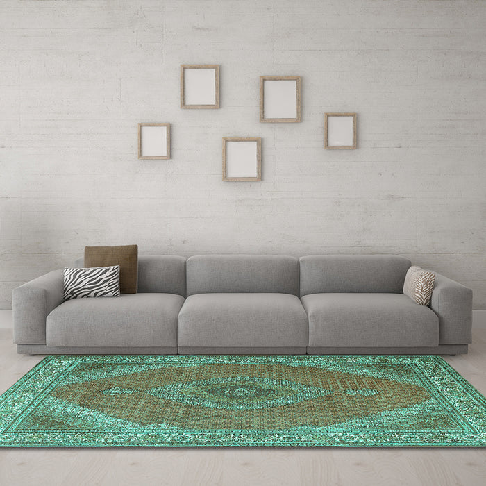 Machine Washable Persian Turquoise Traditional Area Rugs in a Living Room,, wshtr3469turq