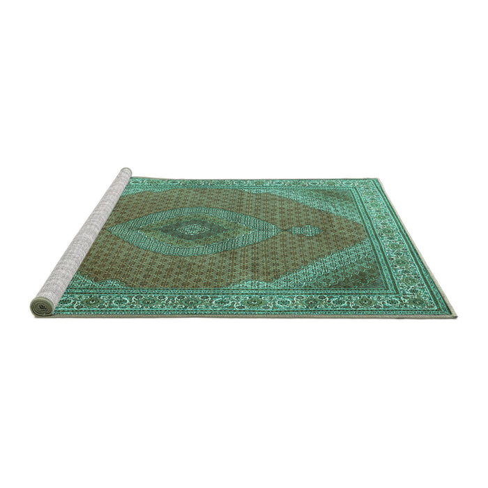 Sideview of Machine Washable Persian Turquoise Traditional Area Rugs, wshtr3469turq