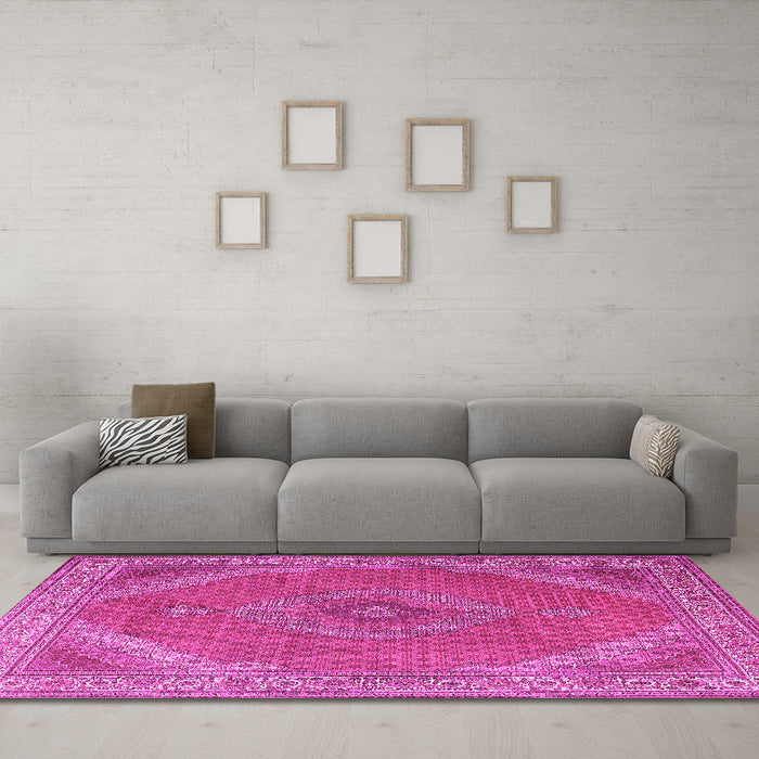 Machine Washable Persian Pink Traditional Rug in a Living Room, wshtr3469pnk