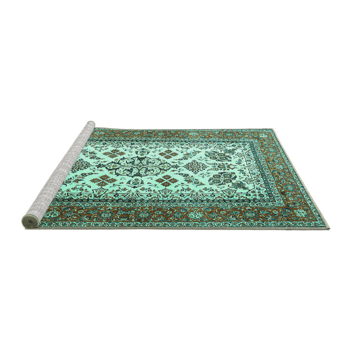 Sideview of Machine Washable Persian Turquoise Traditional Area Rugs, wshtr3470turq