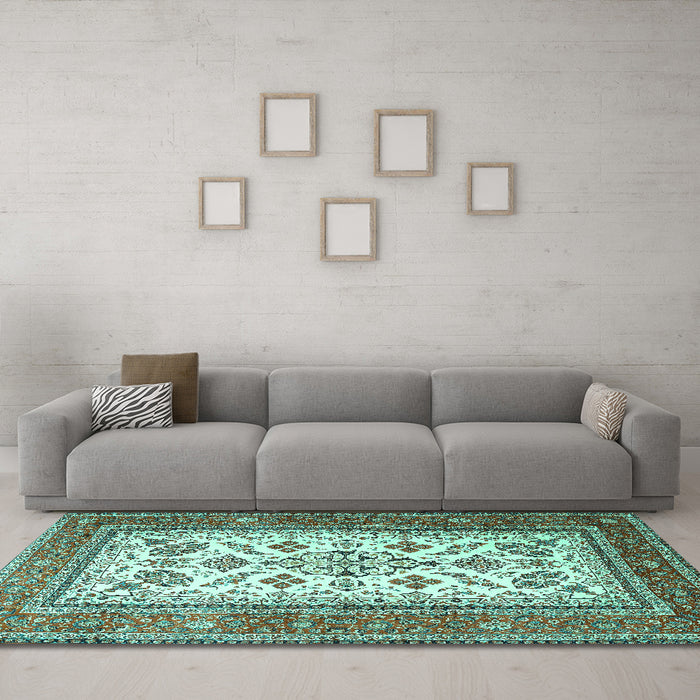 Machine Washable Persian Turquoise Traditional Area Rugs in a Living Room,, wshtr3470turq