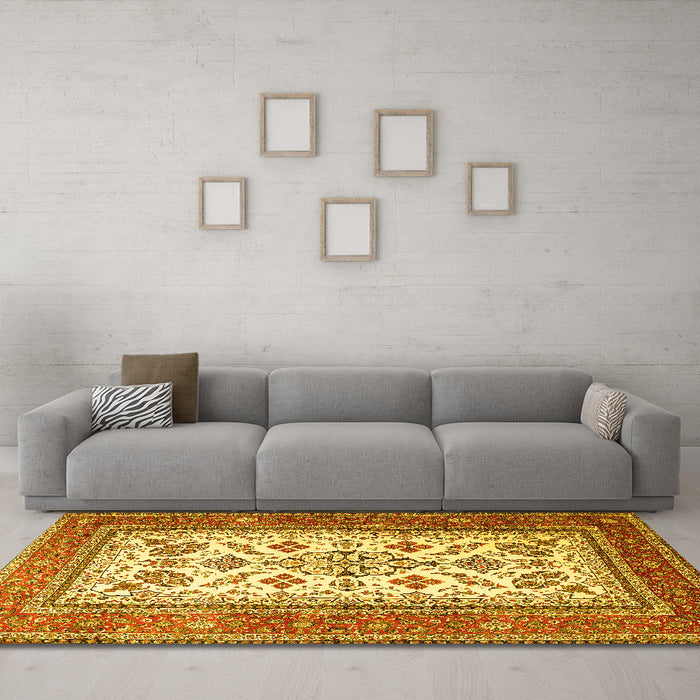 Machine Washable Persian Yellow Traditional Rug in a Living Room, wshtr3470yw
