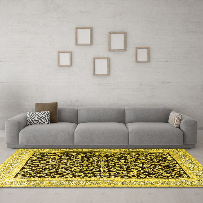 Machine Washable Persian Yellow Traditional Rug in a Living Room, wshtr3471yw