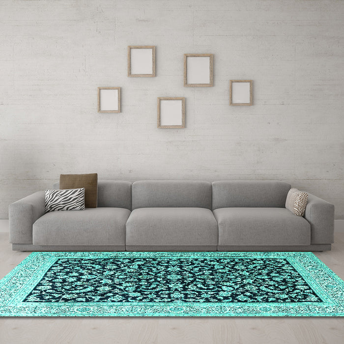 Machine Washable Persian Turquoise Traditional Area Rugs in a Living Room,, wshtr3471turq
