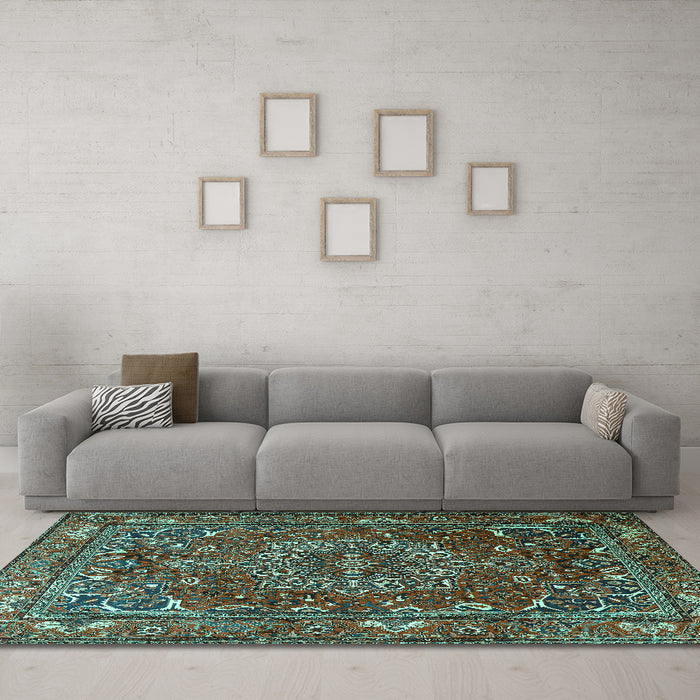 Machine Washable Persian Turquoise Traditional Area Rugs in a Living Room,, wshtr3472turq