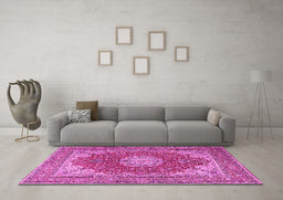 Machine Washable Medallion Pink Traditional Rug in a Living Room, wshtr3473pnk