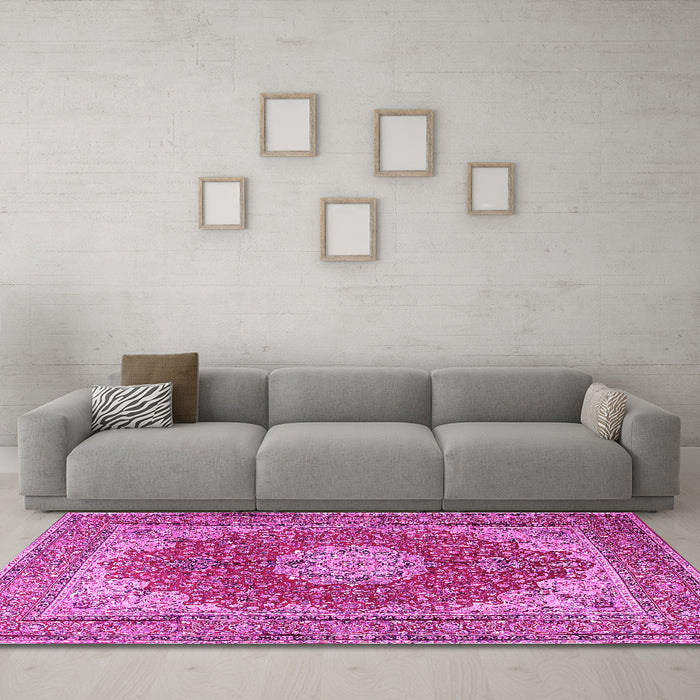 Machine Washable Medallion Pink Traditional Rug in a Living Room, wshtr3473pnk