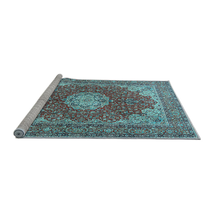 Sideview of Machine Washable Medallion Light Blue Traditional Rug, wshtr3473lblu
