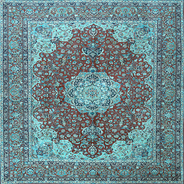 Square Machine Washable Medallion Light Blue Traditional Rug, wshtr3473lblu