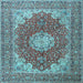 Square Machine Washable Medallion Light Blue Traditional Rug, wshtr3473lblu