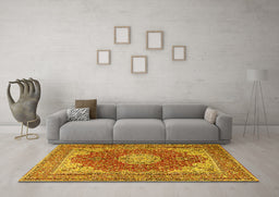 Machine Washable Medallion Yellow Traditional Rug in a Living Room, wshtr3473yw