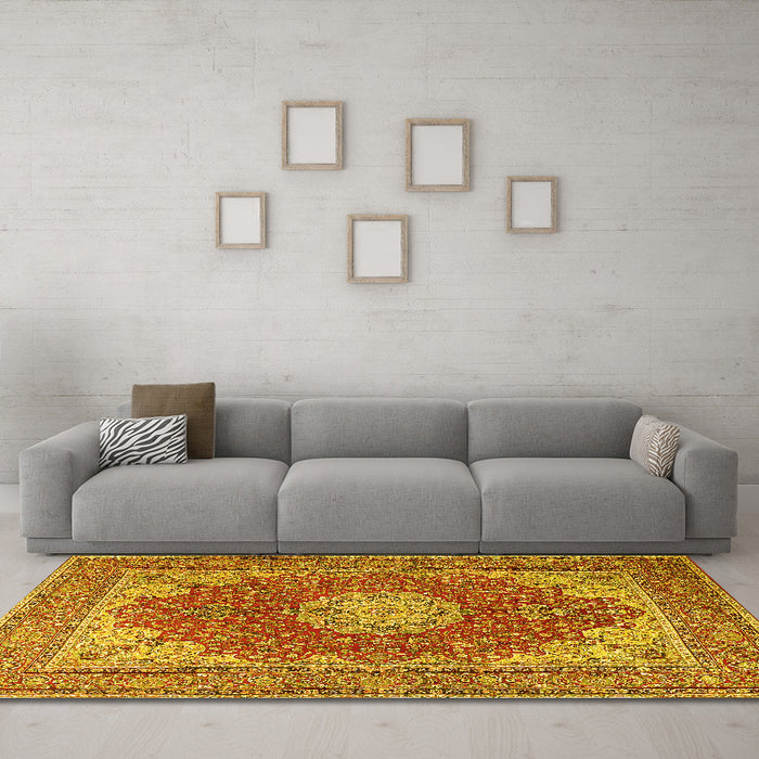 Machine Washable Medallion Yellow Traditional Rug in a Living Room, wshtr3473yw