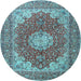 Round Machine Washable Medallion Light Blue Traditional Rug, wshtr3473lblu